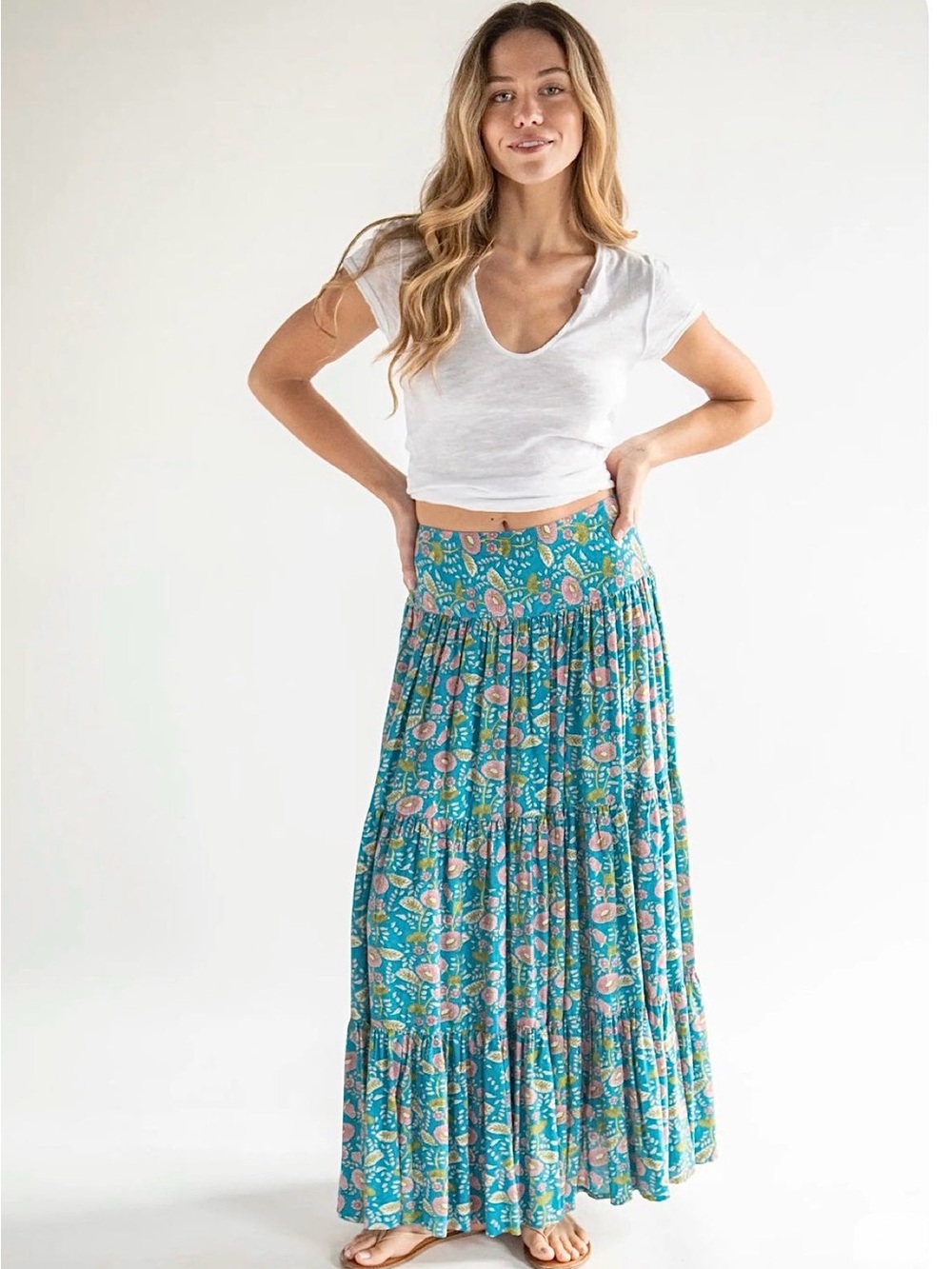 NATURAL LIFE Hanna Teal Floral Tiered Convertible Maxi Skirt